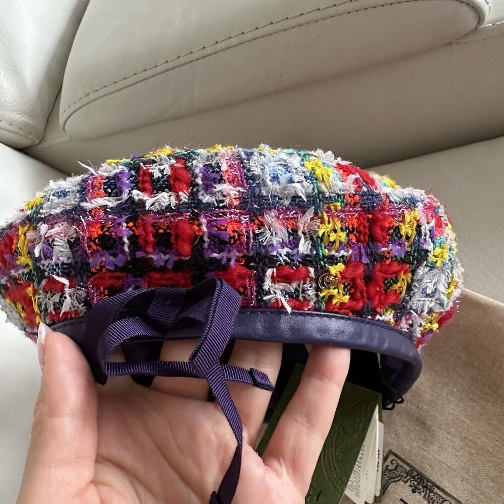 NWT GUCCI LAME BERET CAP Check Lame Sz S Multicolour Violet Tweed - Picture 7 of 12